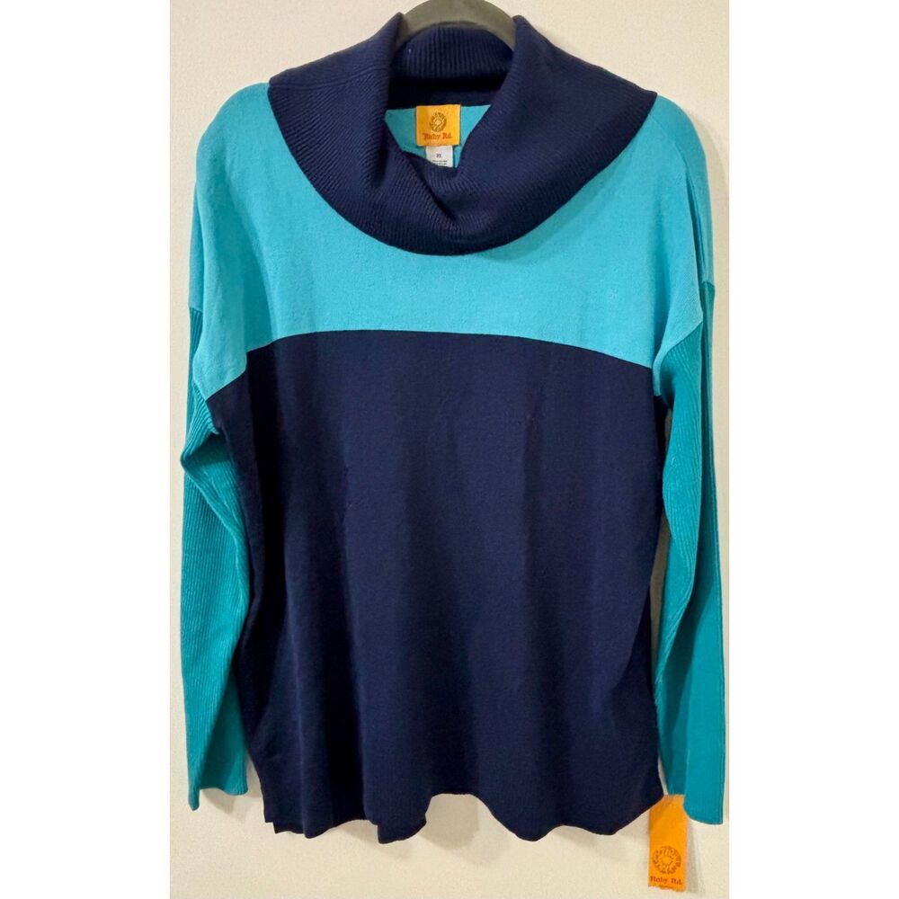 NWT Ruby Rd. XL Cowl Neck Retro 80s Block Stripe Navy/Aqua Long Sleeve Tunic Top
